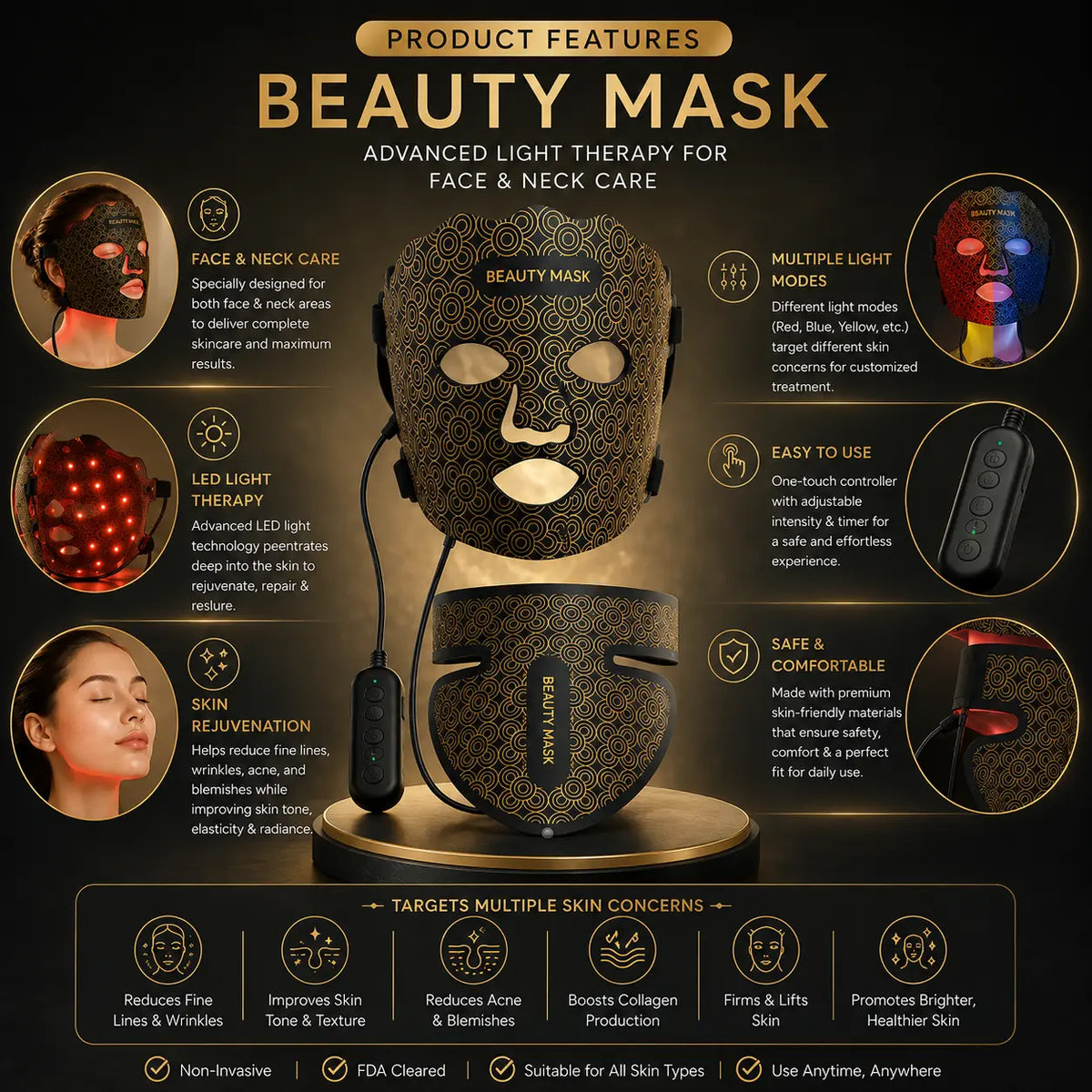 7-Color Red Light Therapy Face & Neck Mask with Controller