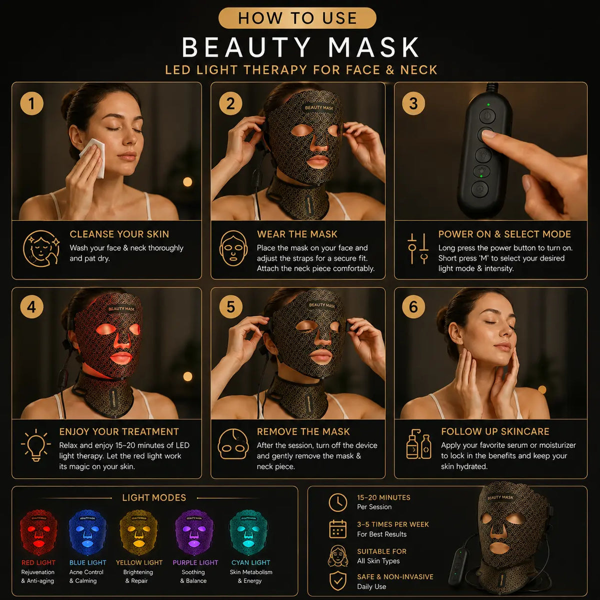 7-Color Red Light Therapy Face & Neck Mask with Controller
