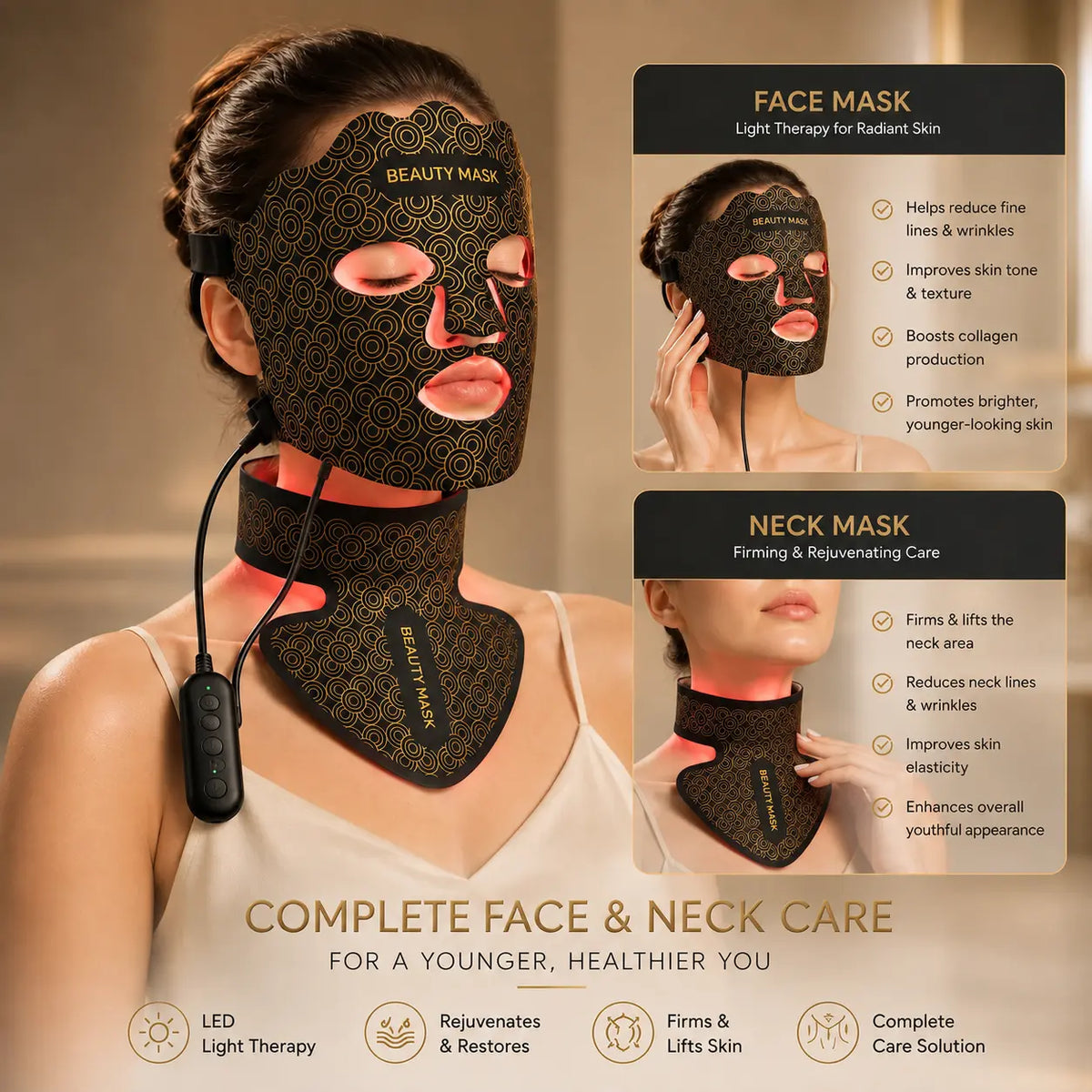 7-Color Red Light Therapy Face & Neck Mask with Controller